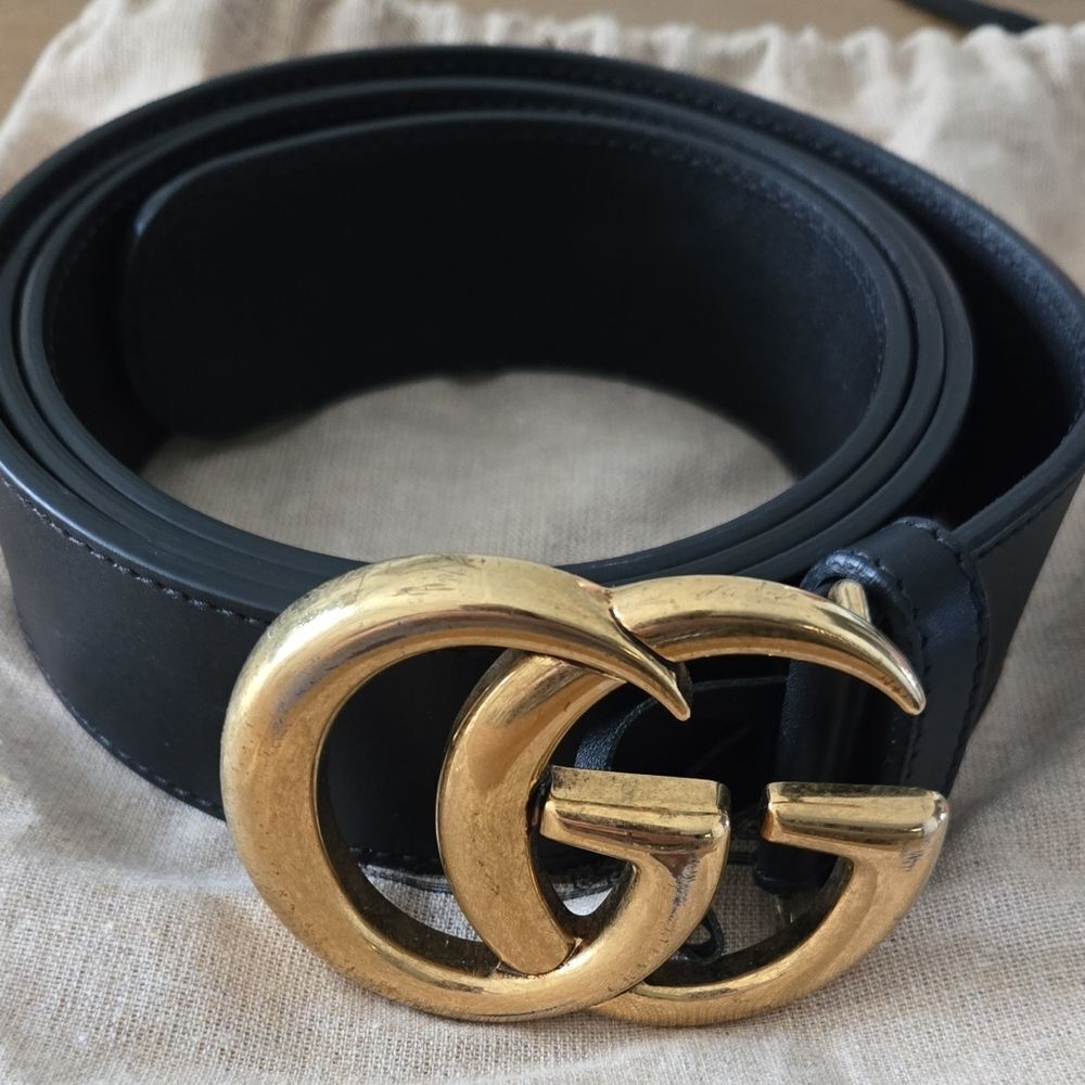 AUTHENTIC Gucci Black Belt with Gold GG Buckle 115/46